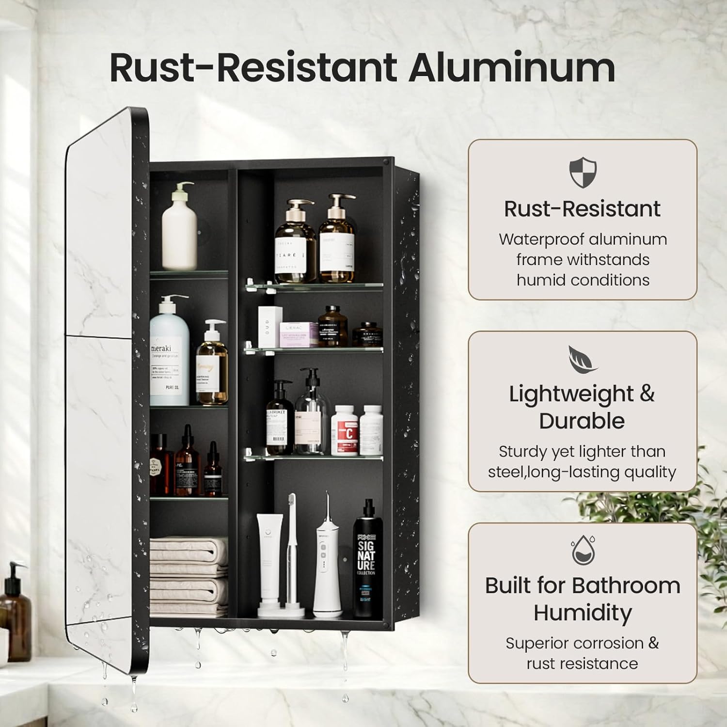 16x24 Medicine Cabinet with Mirror, Aluminum Bathroom Wall Organizer, Pre-Assembled, Center Partition for Tall Bottles, 6 Adjustable Shelves, Soft-Close, Recessed/Surface Mount, Matte Black