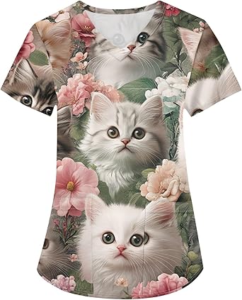 OIOLOYJM Printed Scrub Tops Women V Neck Short Sleeve Plus Size Scrubs for Womens Nursing Uniforms Shirts with Pockets