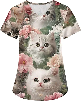 OIOLOYJM Printed Scrub Tops Women V Neck Short Sleeve Plus Size Scrubs for Womens Nursing Uniforms Shirts with Pockets