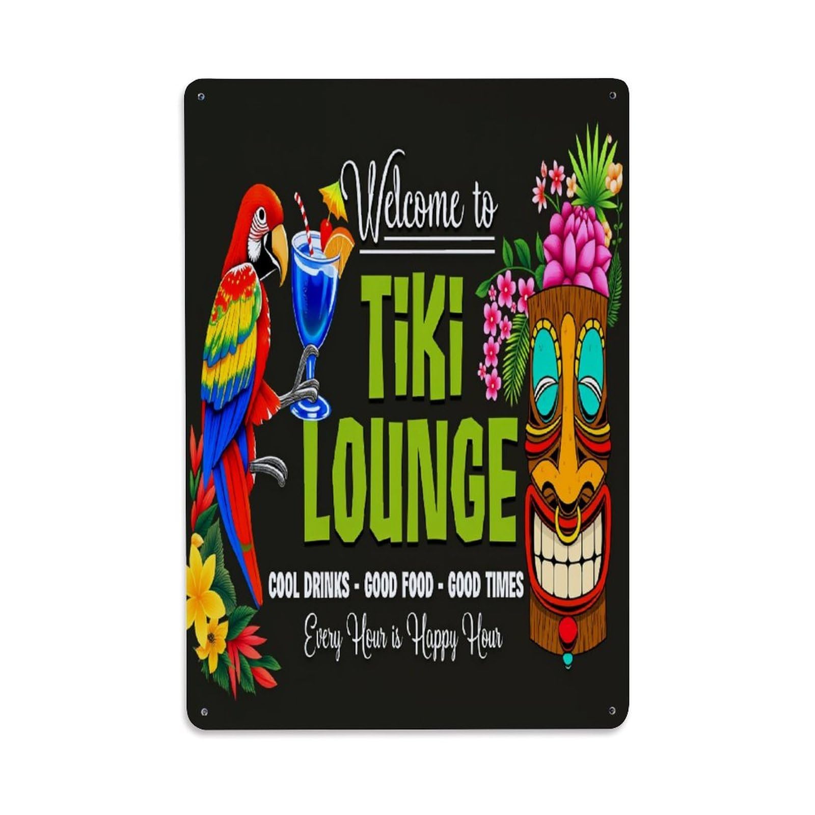 Enderetf Vintage Tropical Parrot Tiki Mask Cocktail Flowers Tin Sign Metal Poster, Home Bar Garage Man Cave Cafe Indoor & Outdoor Wall Decoration 8X12inches