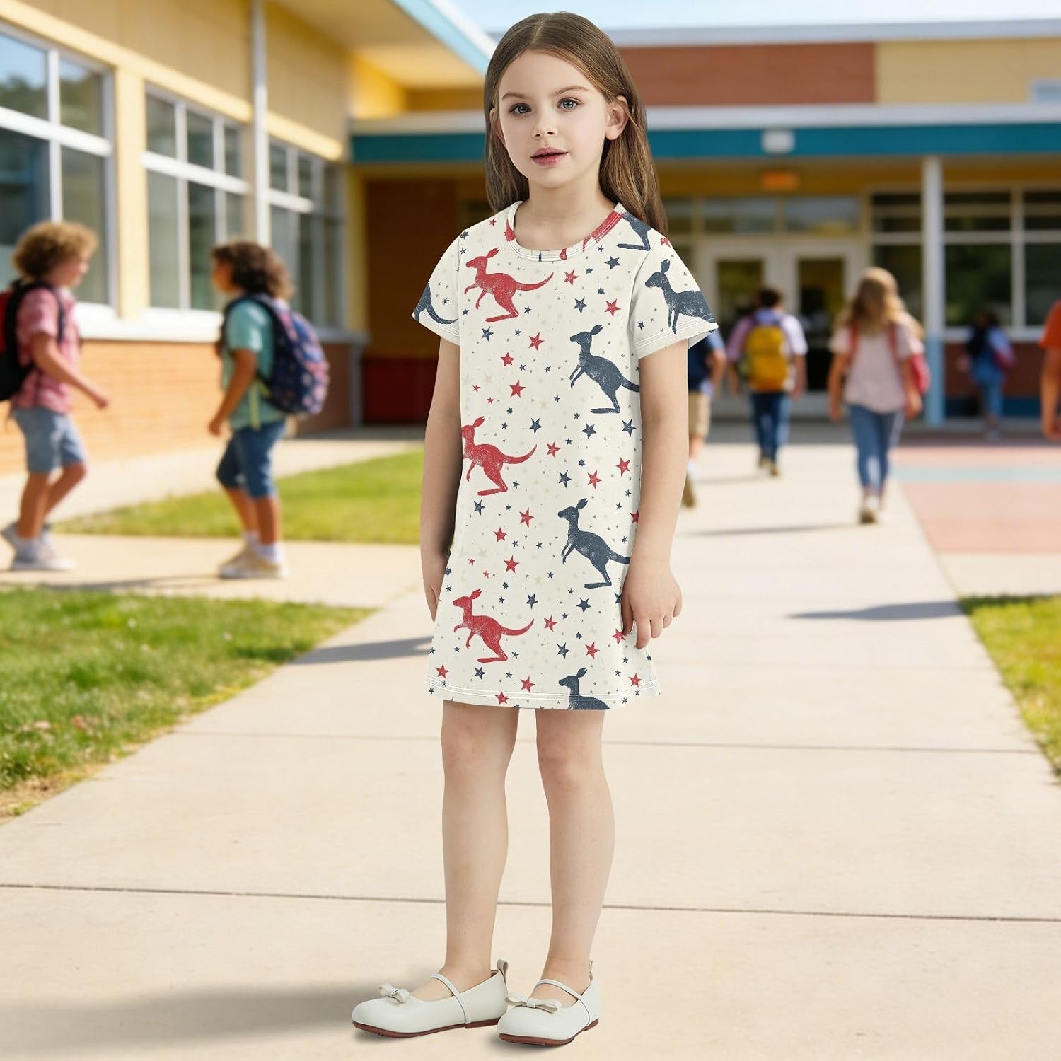 Kangaroo and Star Girls Dresses Summer Dresses for Girls with Cotton Short Sleeves for Casual a Line Dress Size 2-8Y