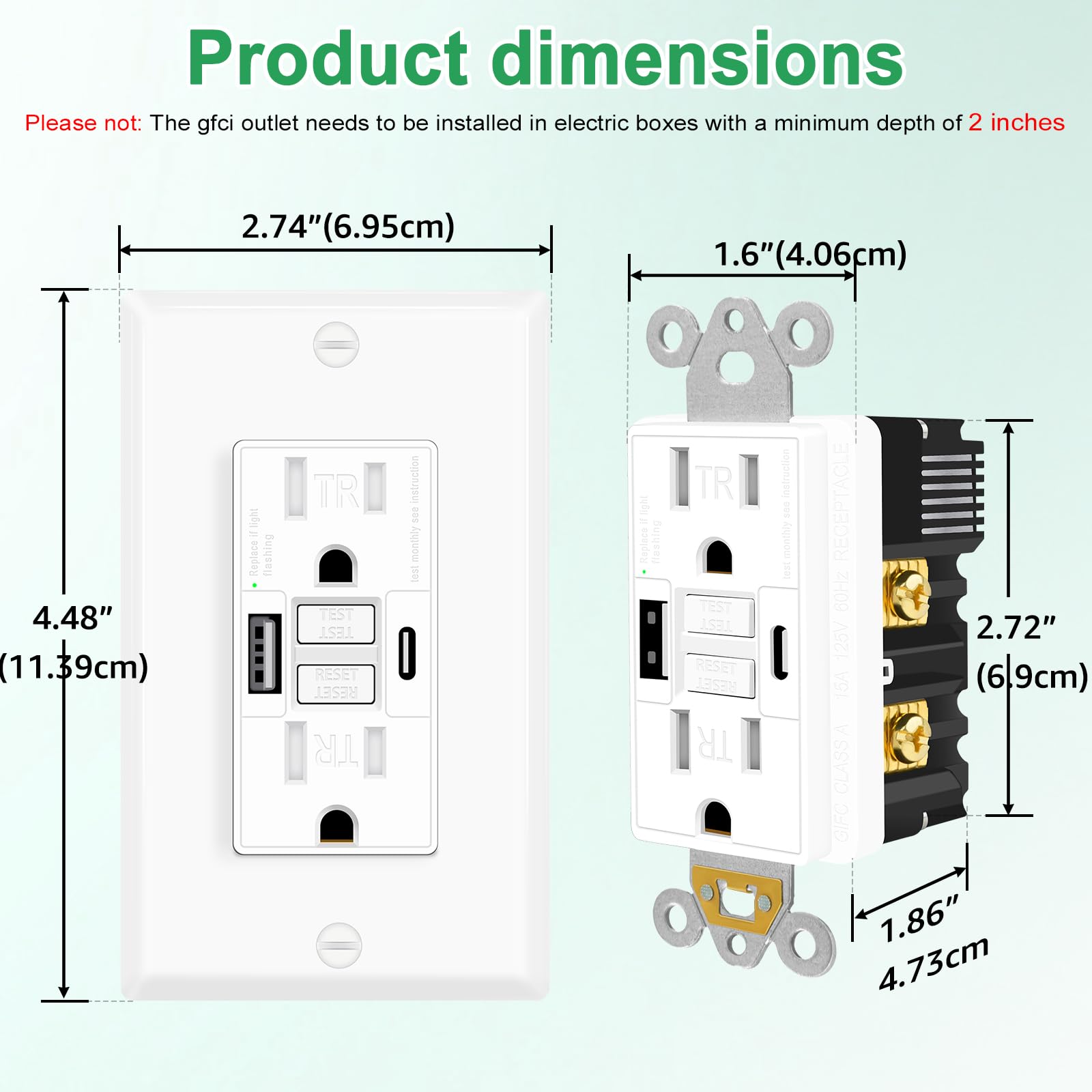 Greencycle Toma GFCI de 15 amperios con puertos USB C y USB A, 2 unidades de tomas eléctricas GFCI de autoprueba con USB, con indicador LED, grado residencial y comercial, incluye placa de pared y