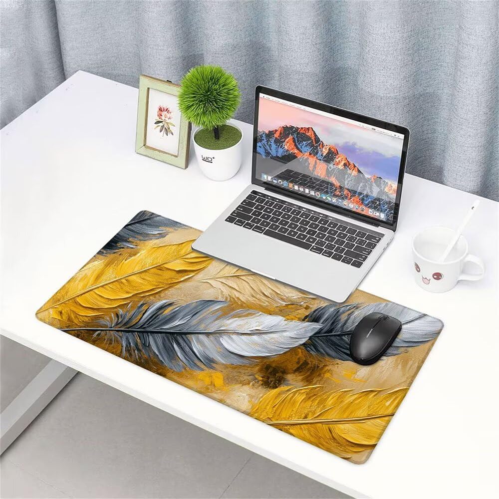 Alfombrilla de Mouse para Juegos, Giallo, XXL, Antideslizante, Impermeable, Diseño de Piuma, Extendido, Grande, 1400x600x3mm, para PC, Laptop, Ufficio, Famiglia d-640