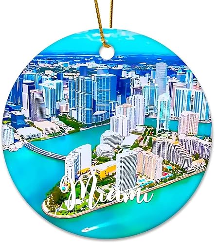 America Miami Cityscape - Adorno de Navidad de cerámica con dos caras impreso, 3 pulgadas, divertido círculo de cerámica de Navidad para Año Nuevo,
