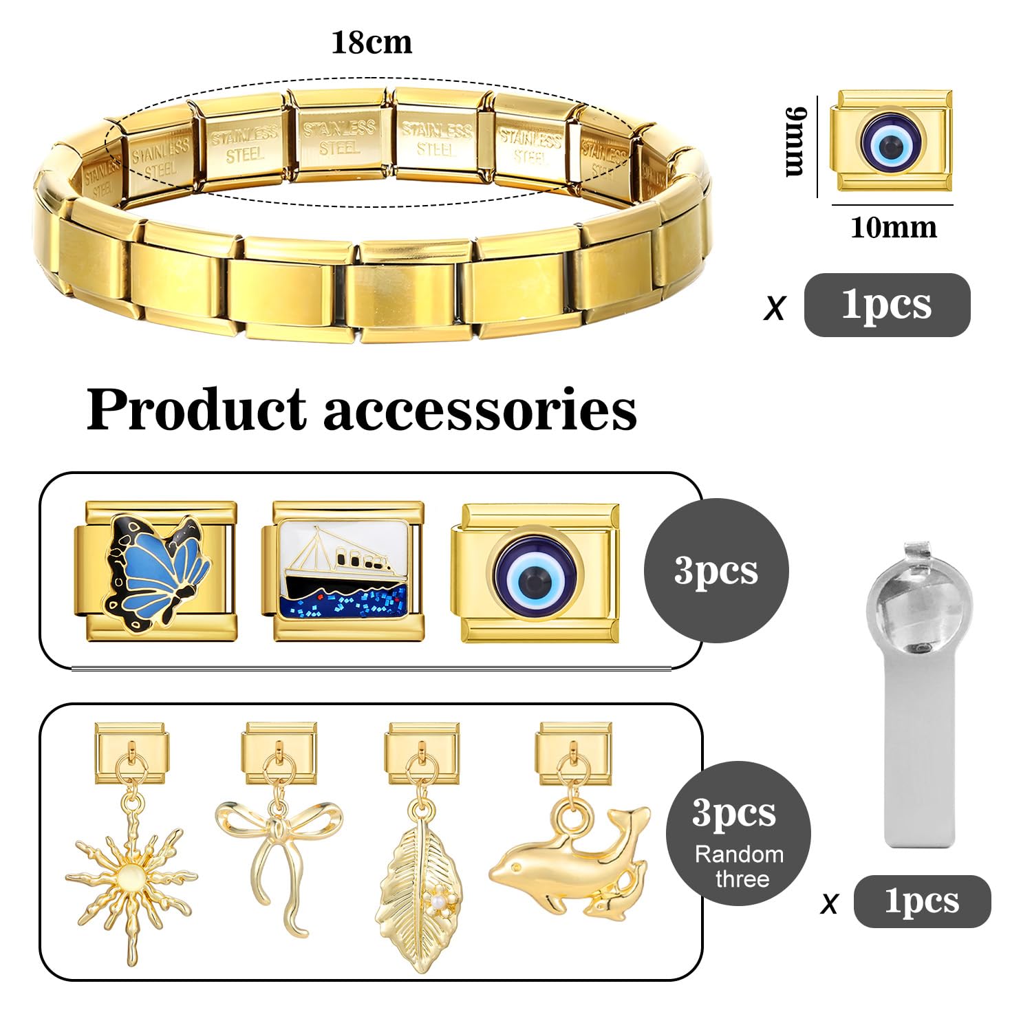 Włoska bransoletka charms, złota, 6 włoskich charmsów, zestaw bransoletek DIY, 9 mm, zdejmowane moduły do włoskich bransoletek, charmsy w stylu włoskim dla kobiet, A Größe, Stal nierdzewna,