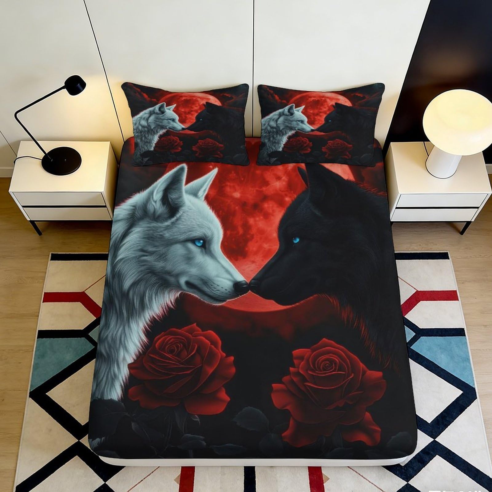 Pnayamiorkfel Style-5 3D Printed Wolf Moon Fitted Sheet Microfiber Red Rose Bed Cover For Bedroom Dorm Easy Care Mattress Protection 90X200x25cm