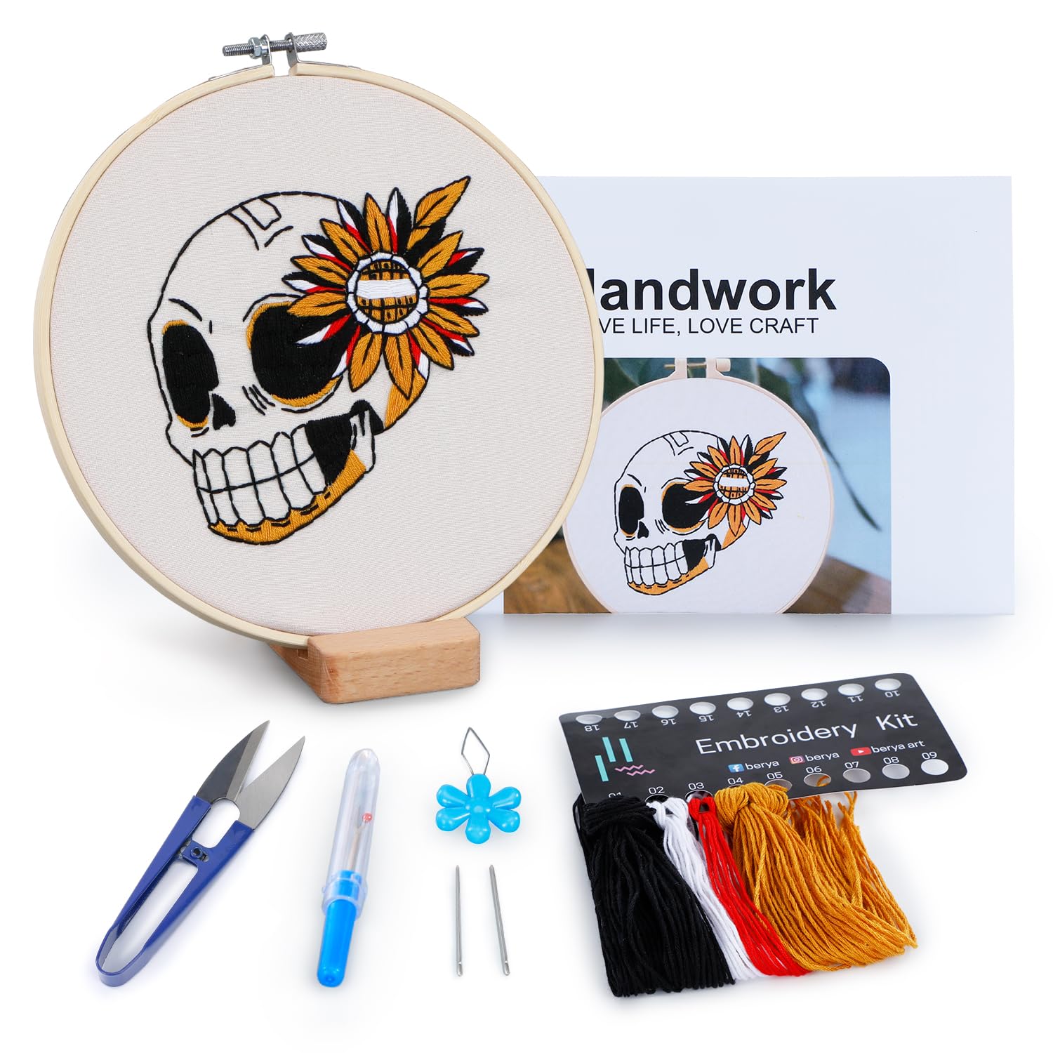 BERYA Skull Embroidery Starter Kits for Beginners, DIY Starters Needlepoint Kits with Skull Flowers Pattern, Including Hoop, Instruction & Video, Printed Cloth, Display Stand, Color Threads, Tools