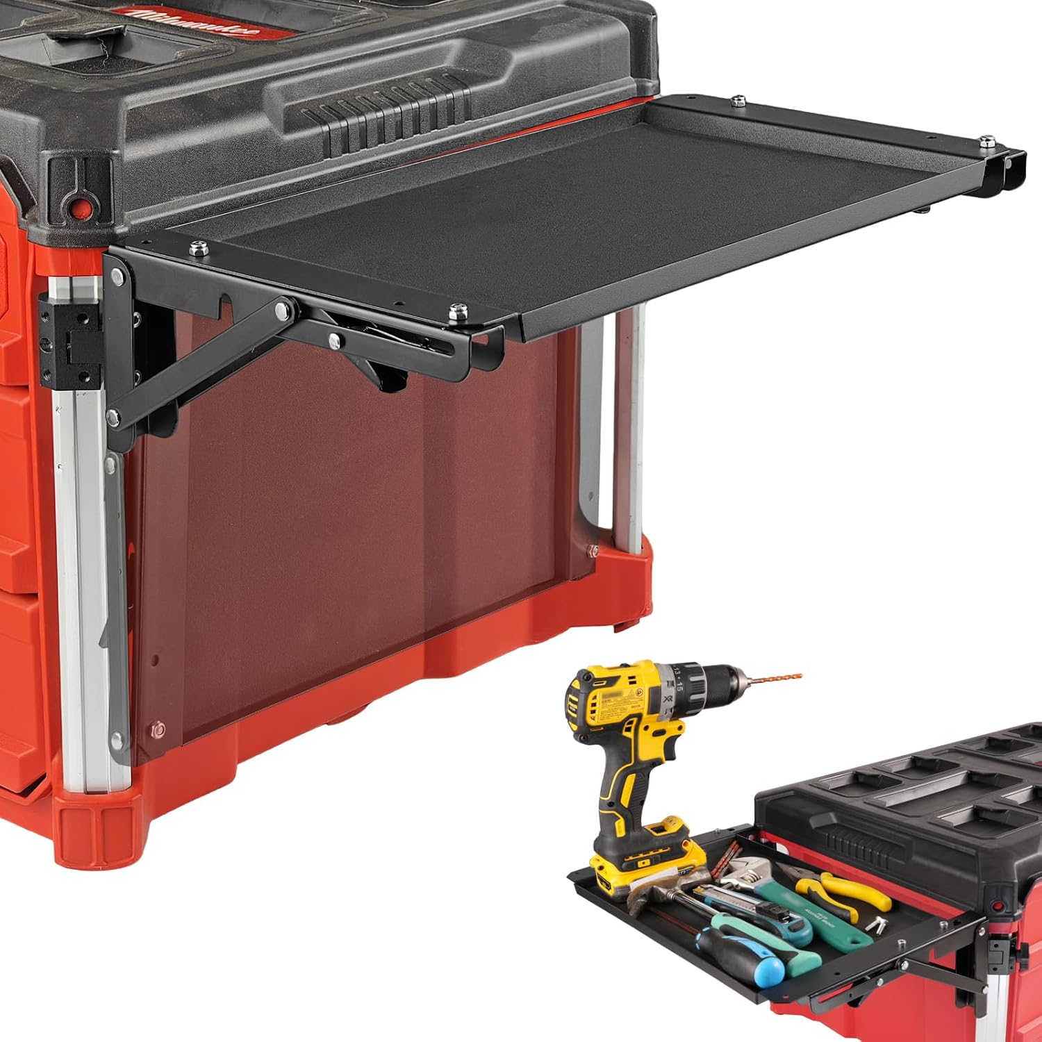 Folding Magnetic Side Table Compatible with Milwaukee Packout Toolbox, No-Drill Packout Accessories & Organizer with Magnetic Tool Tray