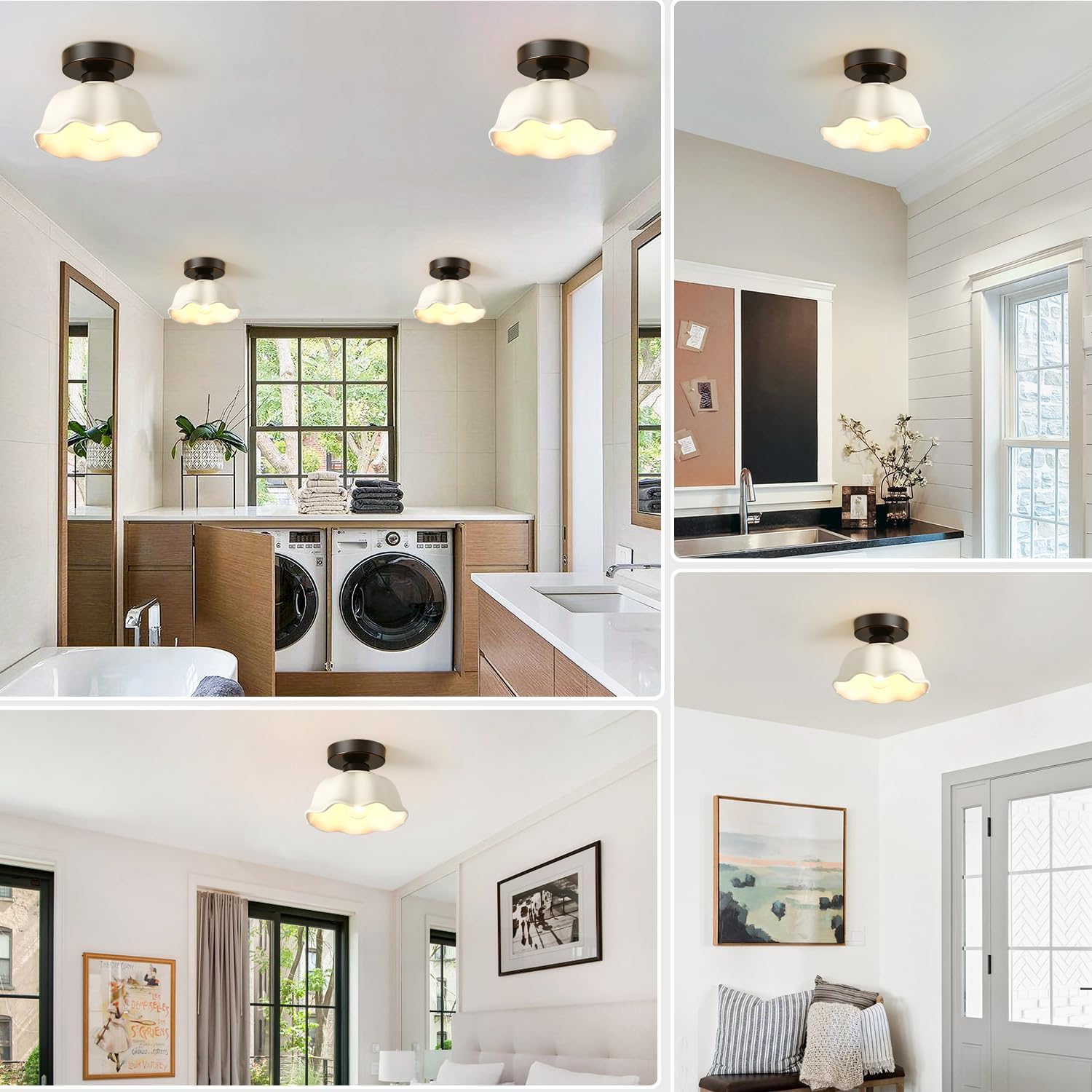 Mid Century Modern Semi Flush Mount Ceiling Light Fixture Black Vintage Milk White Glass Close to Ceiling Lights Small Indoor Hallway Lighting Foyer Entryway Indoor Ceiling Lamp MCL10B-BK-1