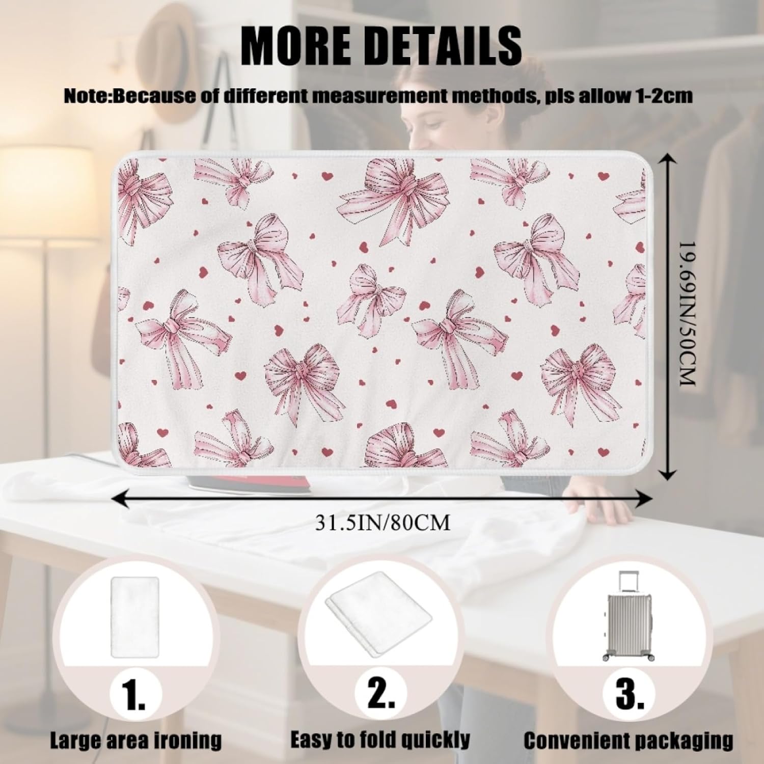 Foldable Ironing Board for Small Spaces Pink Bow Small Ironing Mat for Table Top with 3Mm Padding for Steam Pressing on Tabletop or Bed - Heat Resistant, Portable, Quilting & Travel
