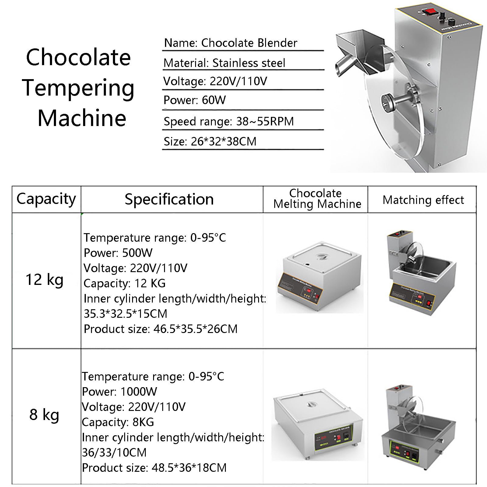 Tempéreuse à Chocolat Commerciale avec Distributeur Automatique et Table Vibrante, Fondoir en Acier Inoxydable pour Fontaine, Enrobage de Fraises, Barres et Desserts,8kg