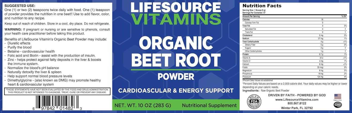 LifeSource Vitamins Beet Root Powder - Organic 10 oz - 57 Servings - US California Beets - Non-GMO