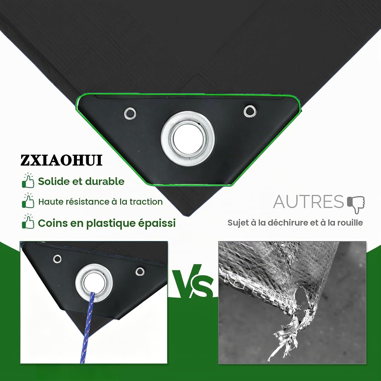 Bâche de Protection 190 x 340 cm Toile Renforcée 120 G/M², Étanche & Indéchirable, avec Oeillets en Aluminium Bâche avec Œillets, Bache de Remorque pour Piscine Jardin, Camping, Bois, Noir