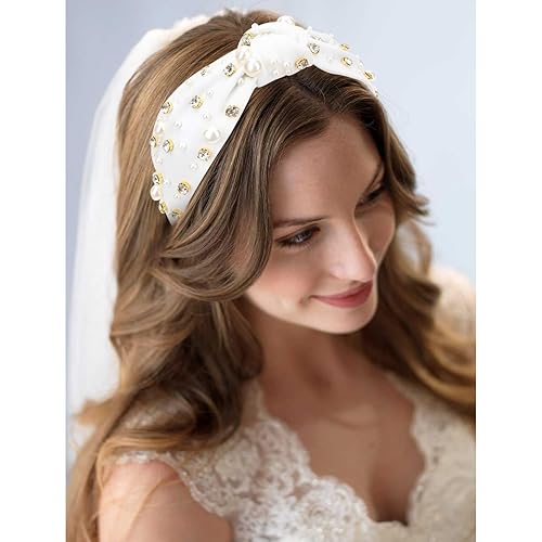 Miniatura 2 de YISSION 1 diadema anudada de perlas de cristal para mujer, diadema antideslizante con diamantes de imitación, diadema ancha de perlas para mujeres,