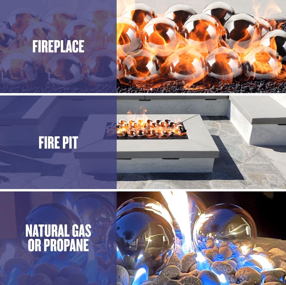 American Fire Products | Stainless Steel IronFire Balls, 4" | Use with Lava Rock in Indoor or Outdoor Fireplace, Fire Pit or Bowl | Natural Gas or Propane | Set of 6