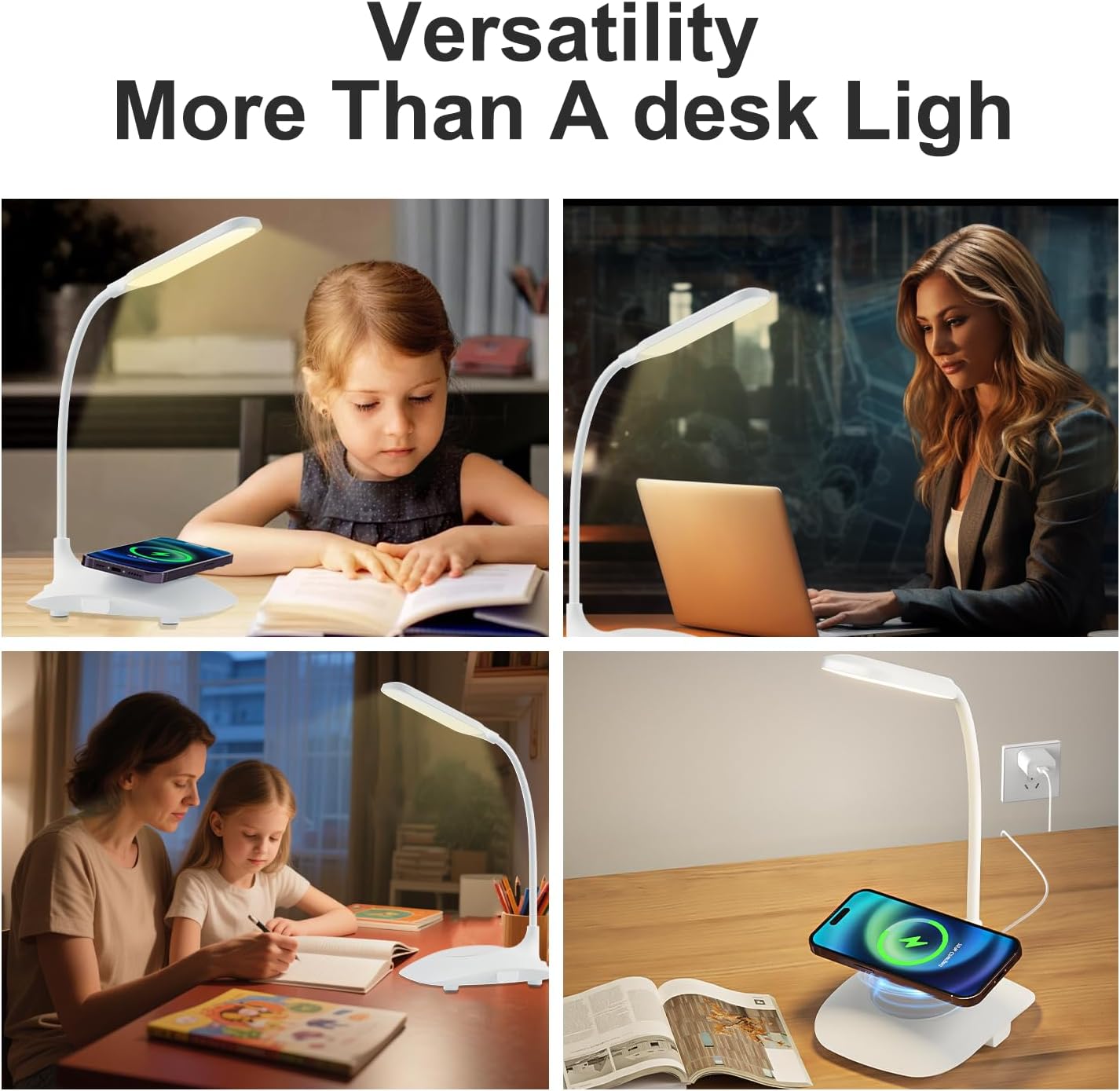 LED Desk Lamp with Wireless Charging, Touch Control, Dimmable Office Light, Eye-Caring, Adjustable Gooseneck Table Lamp for Bedroom, Bedside Study