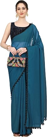 Sidhidata Womens Georgette Pom-Pom Lace Boardered Saree With Unstitched Blouse Piece Zomato