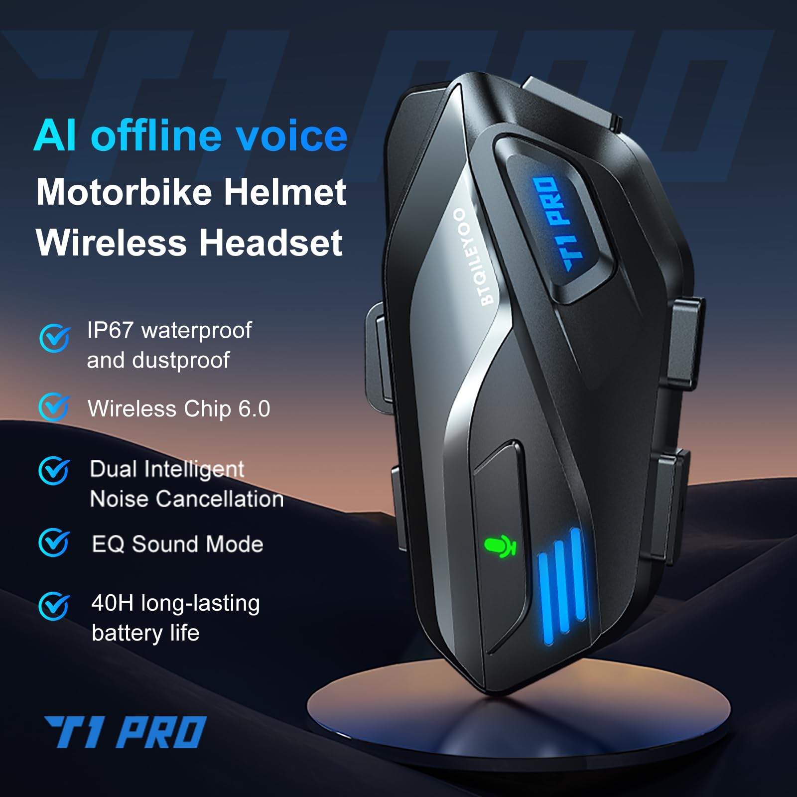 T1PRO - Cuffie Bluetooth 6.0 per moto, 40 ore di riproduzione, impermeabilità IPX67, connessione a doppio dispositivo, risposta automatica alle chiamate, suono HiFi con cancellazione del