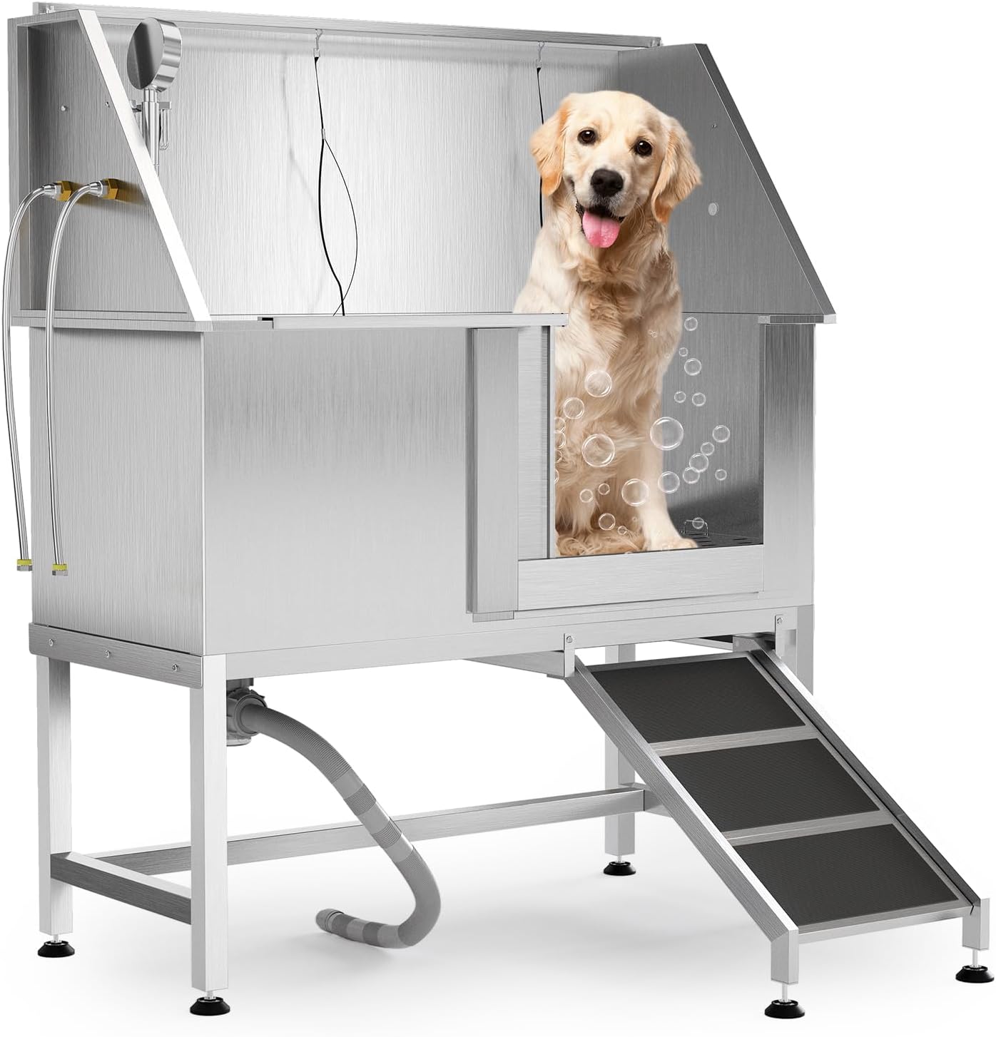 50 Inch Dog Washing Station, Stainless Steel Dog Bathtub with Left Ramps, Pet Dog Bathing Station with Floor Grate, Professional Dog Grooming Tub for Large, Medium, Small Pets
