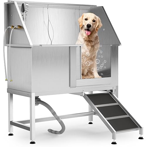50 Inch Dog Washing Station, Stainless Steel Dog Bathtub with Left Ramps, Pet Dog Bathing Station with Floor Grate, Professional Dog Grooming Tub for Large, Medium, Small Pets