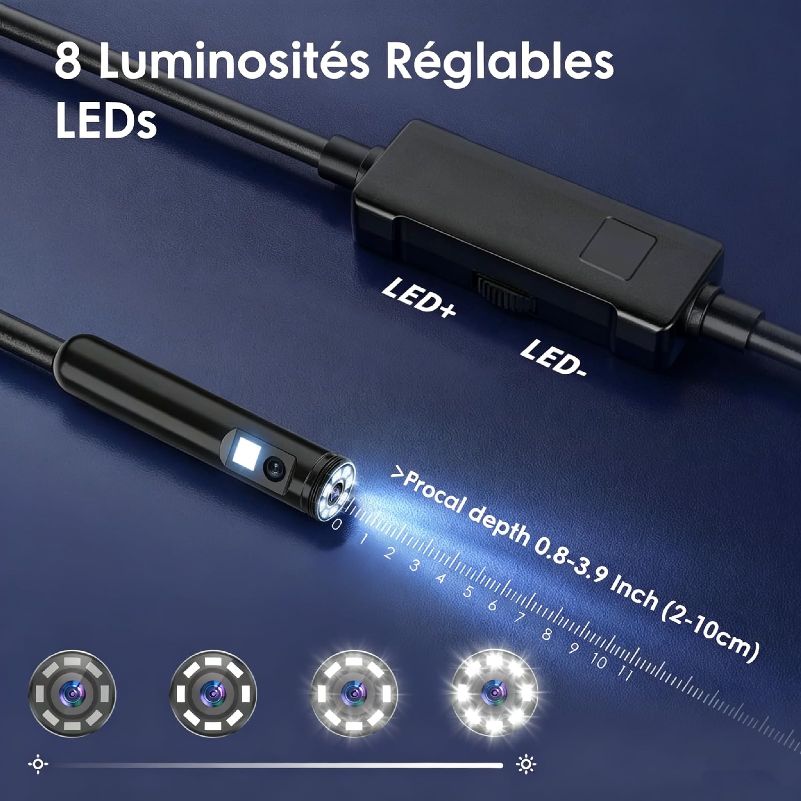 Caméra Endoscope avec lumière, Serpent Semi-Rigide de 5 m, caméra Endoscope HD 1920p avec 8 LED réglables, étanchéité IP67, 8 mm, Inspection pour iOS et Android (Double Objectif)
