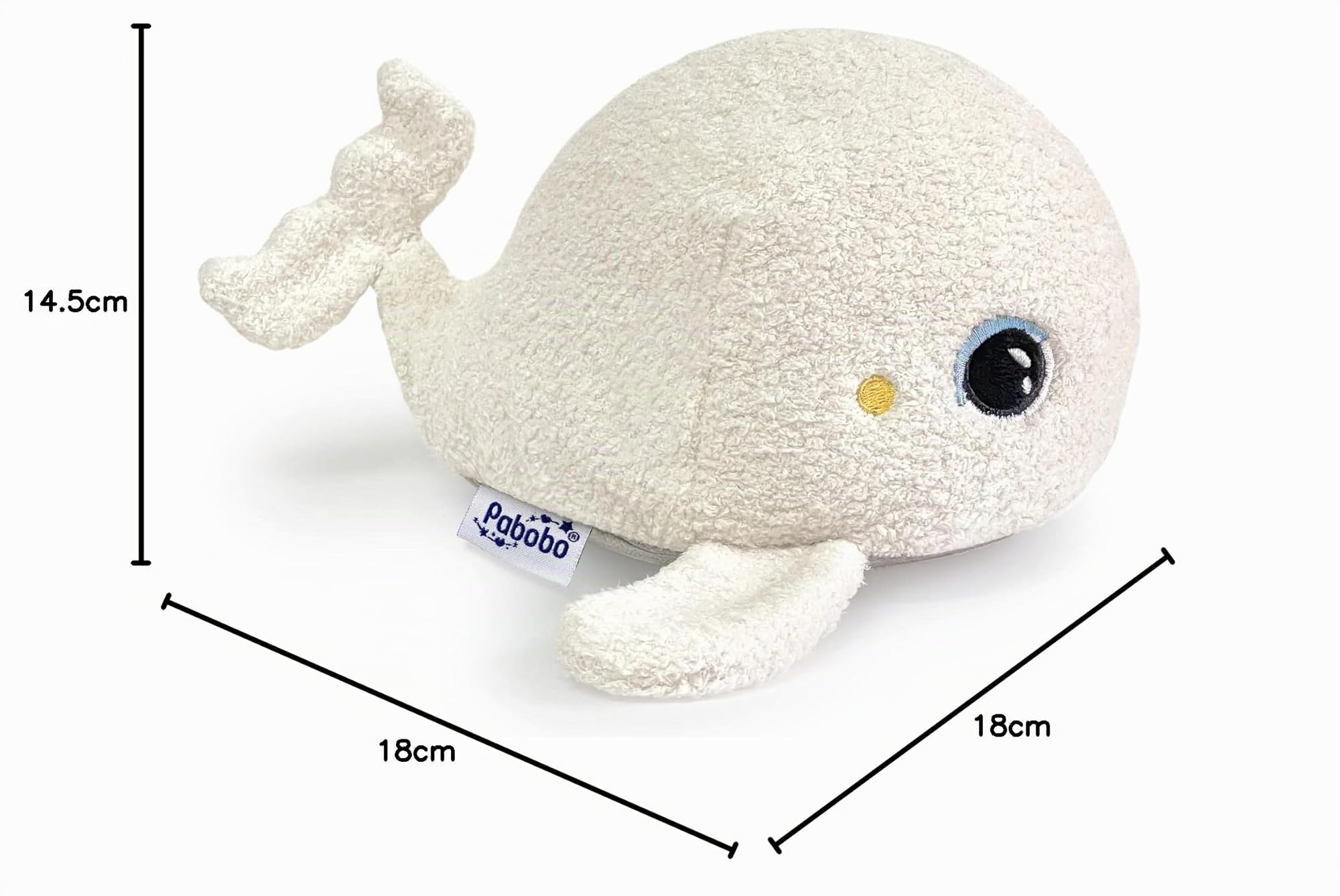 Pabobo Béluga Peluche Sueño Luz nocturna multicolor y canción de cuna y ruidos blancos. Peluche supersuave Oeko-tex. lavable (módulo desenfundable)