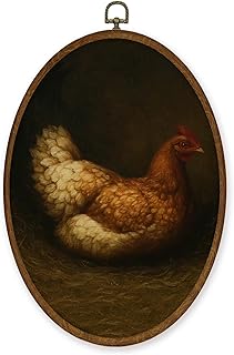 WULQYING Vintage Farmhouse Chicken Wall Art Decor, Rustic Chicken Oval Framed Canvas Art Prints, Moody Cottagecore Farm Animal Wall Hanging Decor for Home Bedroom Living Room, 8.6x11.4 Inches