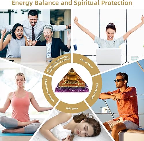 Miniatura 5 de Hopeseed Pirámide de cristal de orgón, amatista y ojo de tigre, cristales curativos, pirámide para energ positivo, reducir el estrés, la meditación