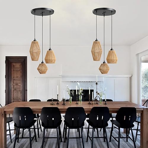 Miniatura 6 de Lámpara colgante de ratán de 3 luces, candelabro bohemio tejido a mano, lámpara colgante de mimbre, lámpara de cocina y comedor sobre mesa, luz