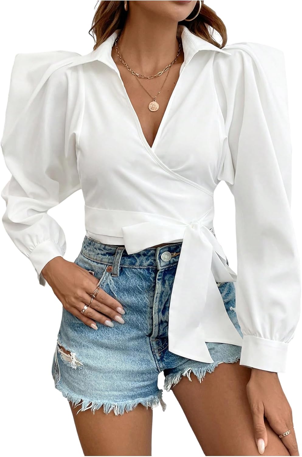 SweatyRocks Women's Wrap Crop Blouse Collared V Neck Puff Long Sleeve Knot Side Tops Work Business Shirt