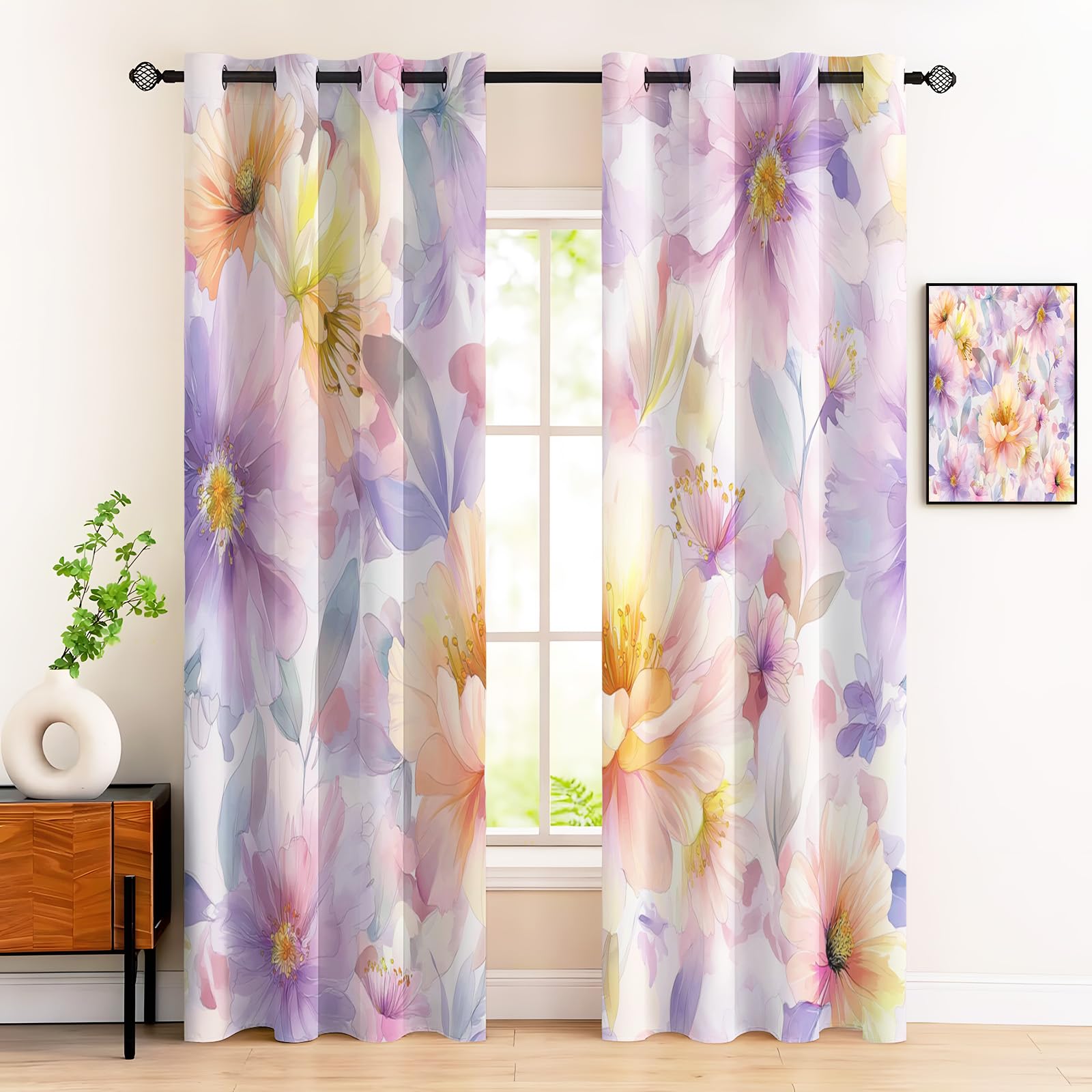 Rideau Occultant Thermiques Mauve Enfant 140x225cm Lot de 2 avec Motif Pivoine Aquarelle