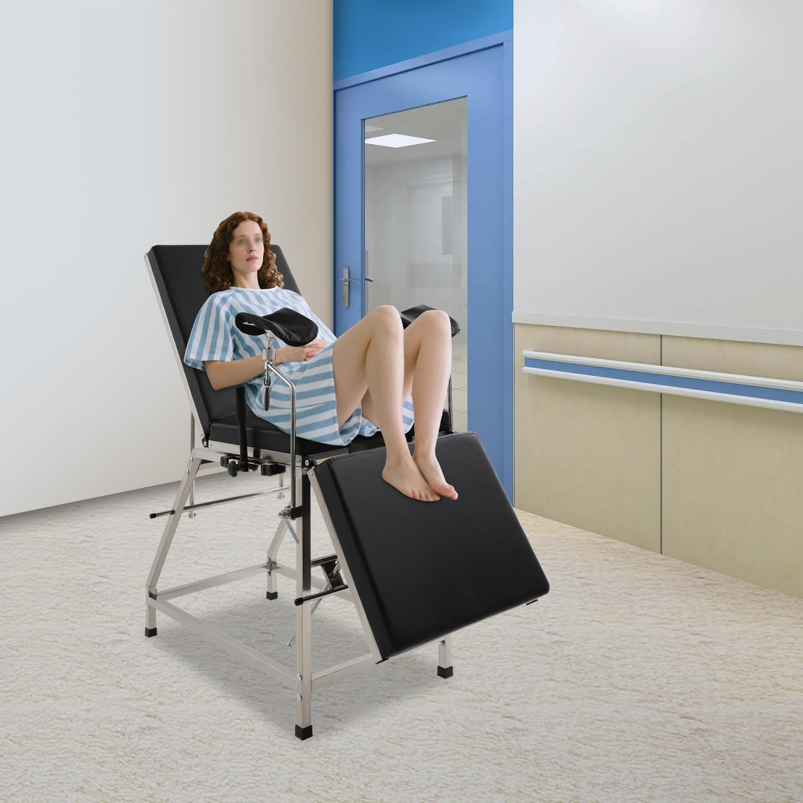 Gynäkologischer Untersuchungsstuhl aus 201 Edelstahl mit PU Polsterung, Schwarz/Rot, Bis 200kg Belastbar, Freistehend, Modernes Design für Frauenarztpraxen und Kliniken (Schwarz) - 2