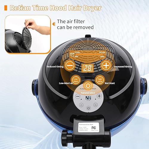 Miniatura 3 de Retain Time Secador de pelo con capucha, secador de pelo vertical con capucha sobre ruedas, controles táctiles y tres temperaturas para elegir,