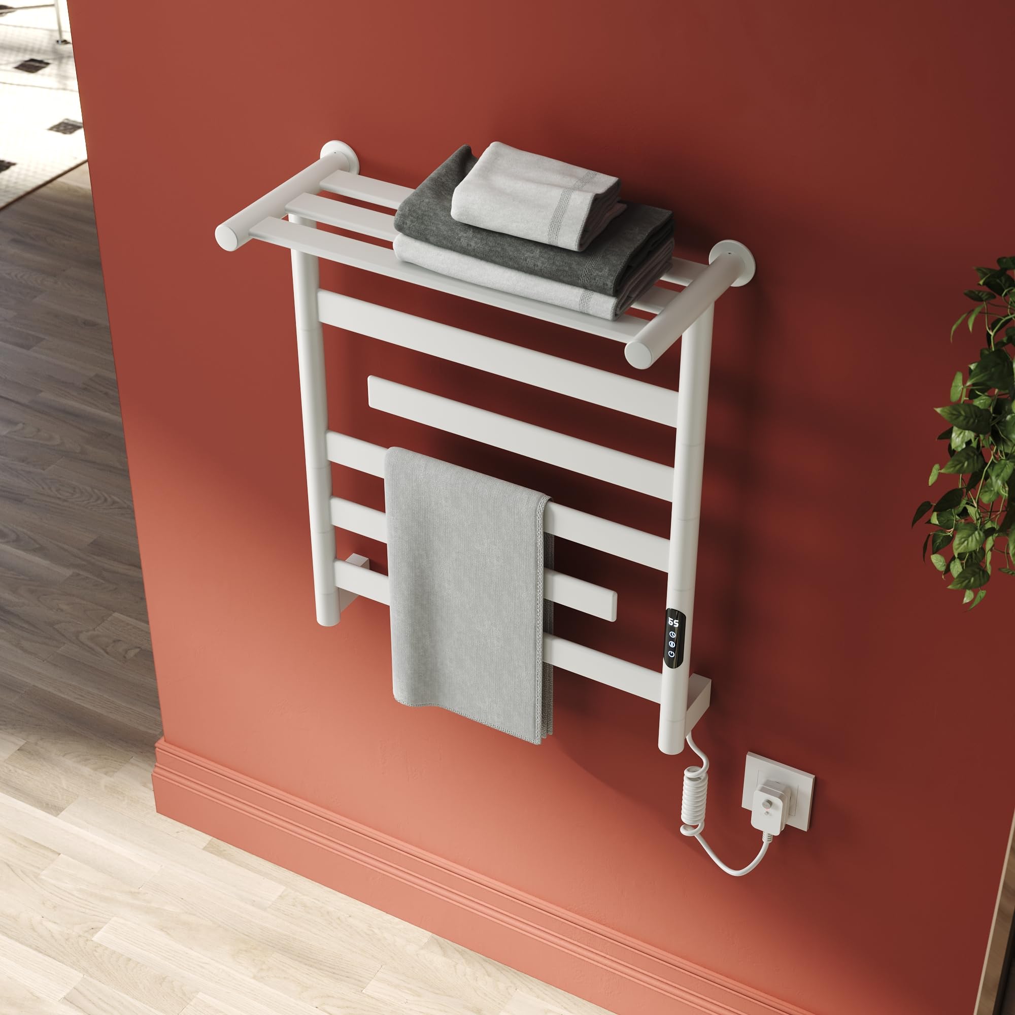SONNI Elektrischer Handtuchhalter mit Beheizter Ablage 660x550mm, 140W Badheizkörper Elektrisch, Tuya WLAN/App, Carbonfaser Handtuchwärmer, Stecker/Unterputz, 2 Schwenkarme, Weiß