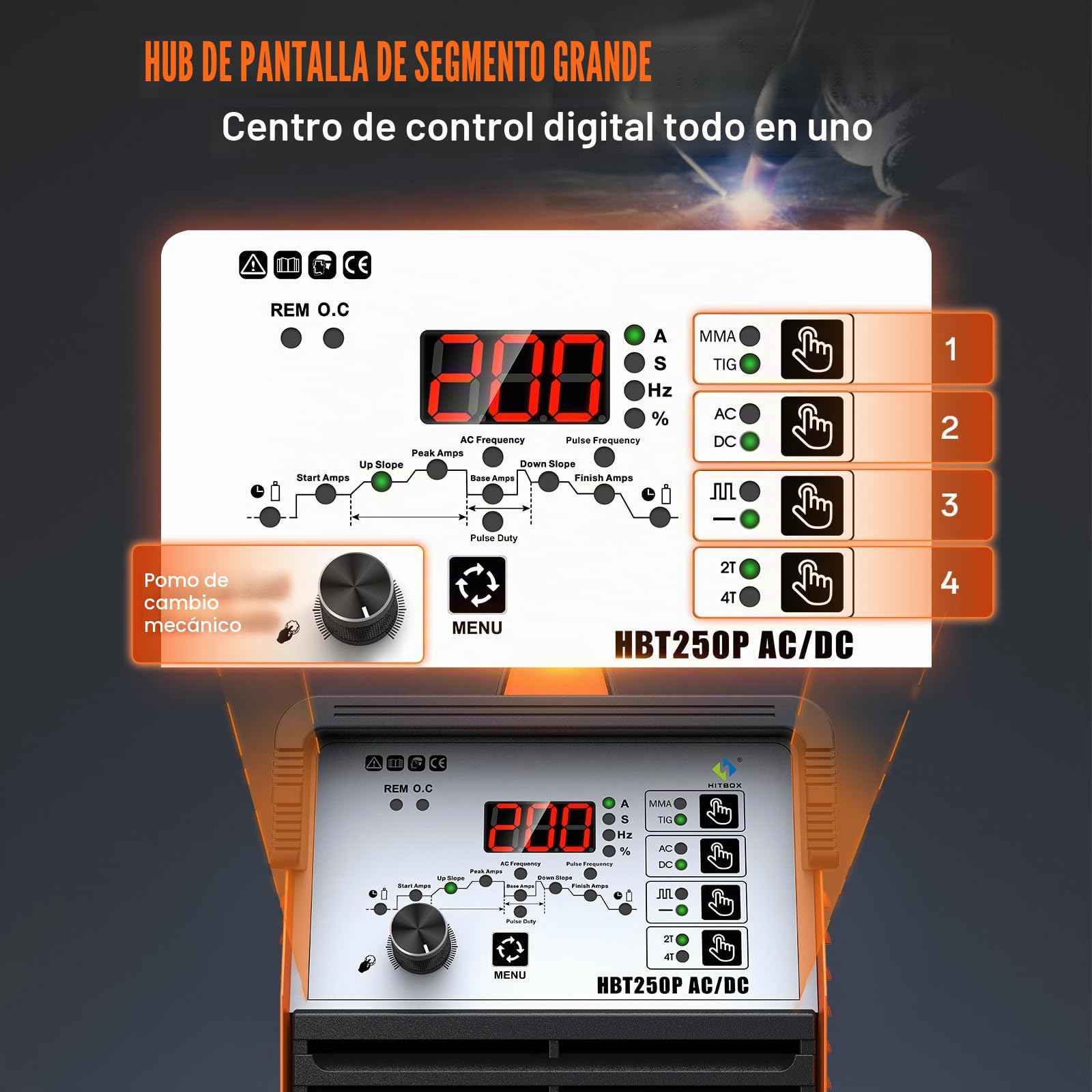 HITBOX Soldadora TIG 6 en 1 AC/DC, 200 A, Función Pulsada, Tecnología Inversor IGBT, Control Digital 2T/4T, Nueva Versión para Aluminio, Acero Inoxidable y Acero (HBT250P AC/DC)