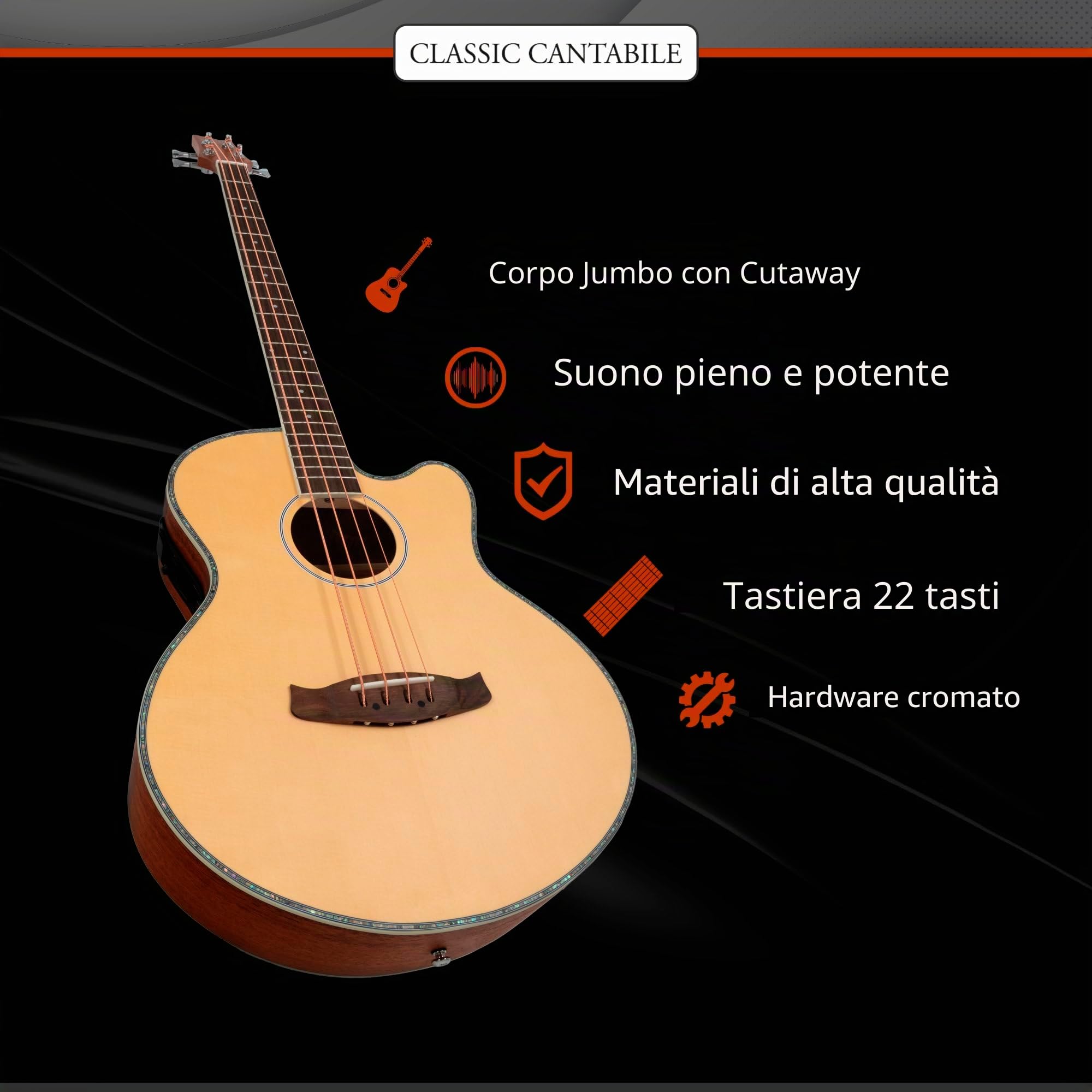 Classic Cantabile ABJ4-50CE-NT Jumbo Basso Acustico Natural, Generale | Modello: ABJ4-50CE-NT, Peso: 2, 3 kg, Numero di corde: 4, Orientamento: Destrimano, Corpo, Forma del corpo: Jumbo con Cutaway