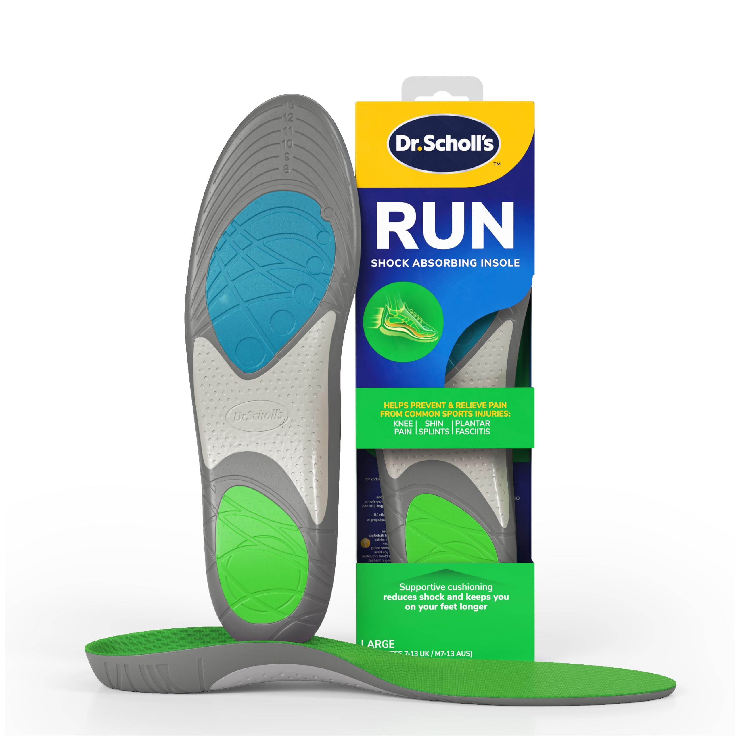 Dr. Scholl's Run Shock Absorbing Insoles - Helps Prevent and Relieve Knee Pain, Shin Splints and Plantar Fasciitis, Designed for Runners, Arch Support Insoles for Running Jogging, UK Shoe Size 7-13
