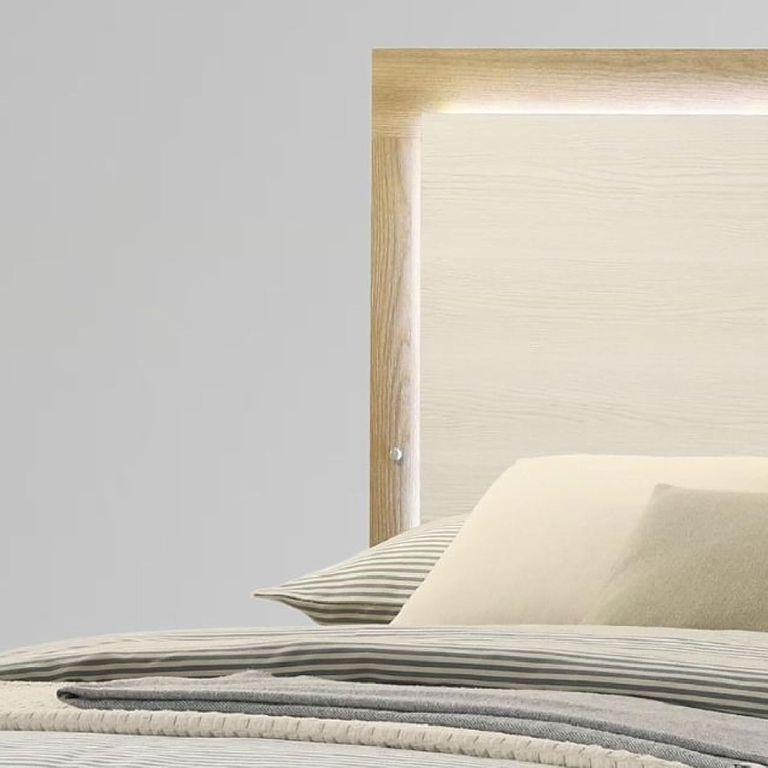 Kings Brand Furniture Boone Modern Bed Frame in Natural/White Wood Finish with LED Headboard, Stylish and Sturdy Wooden Frame Bed Platform for Bedroom (Queen)