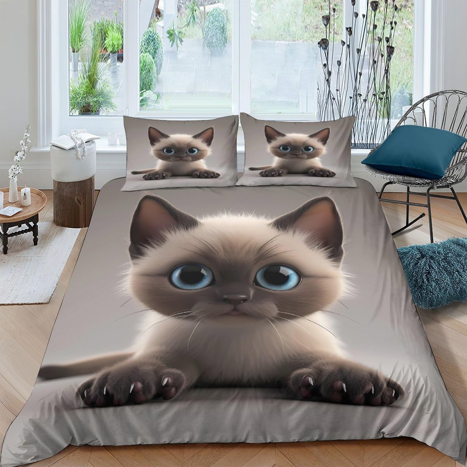 Ctjqhvkz Style-9 3D Printed Blue Eyed Cat Fitted Sheet Microfiber Soft Anti-Slip Animal Kitten Mattress Cover For Bedroom Dorm Decor Single（135X200cm）