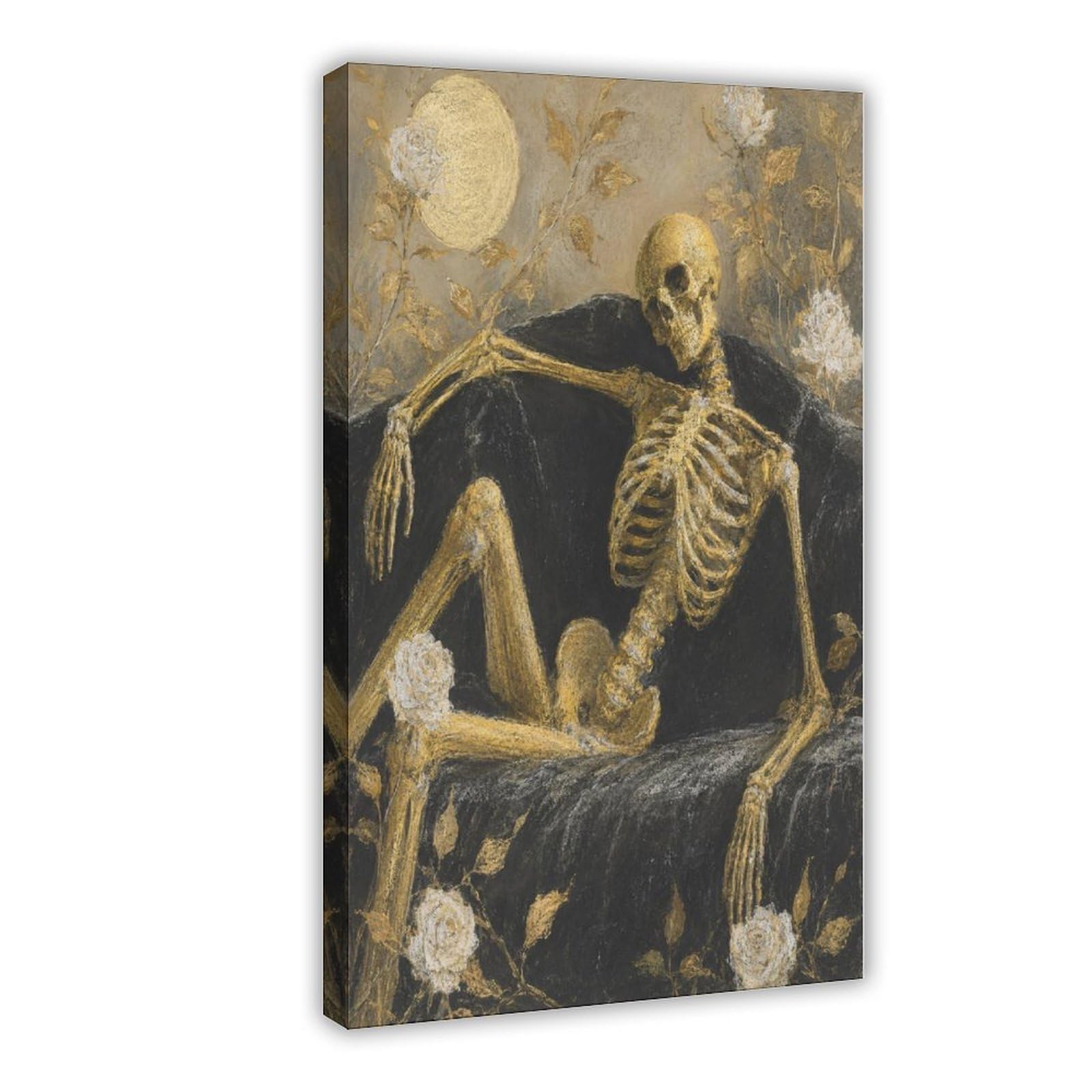 H3b8u2y5 Frame-Style-23 Skeleton In Coffin Canvas Wall Art, Moonlit Stage Gothic Oil