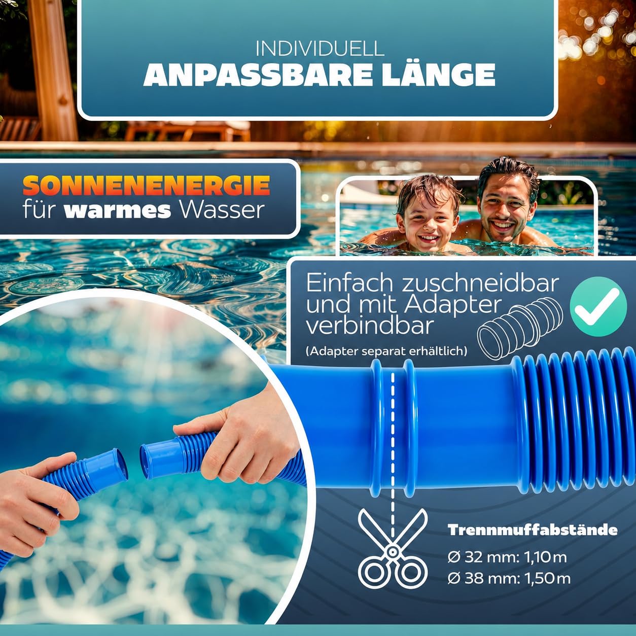 poolomio® Poolschlauch 32mm / 6,6 m - flexibler Schwimmbadschlauch für Poolpumpe & Poolsauger – UV- & Chlorbeständiger Spiralschlauch – Hochwertiger Druck- & Saugschlauch als Poolzubehör, Blau