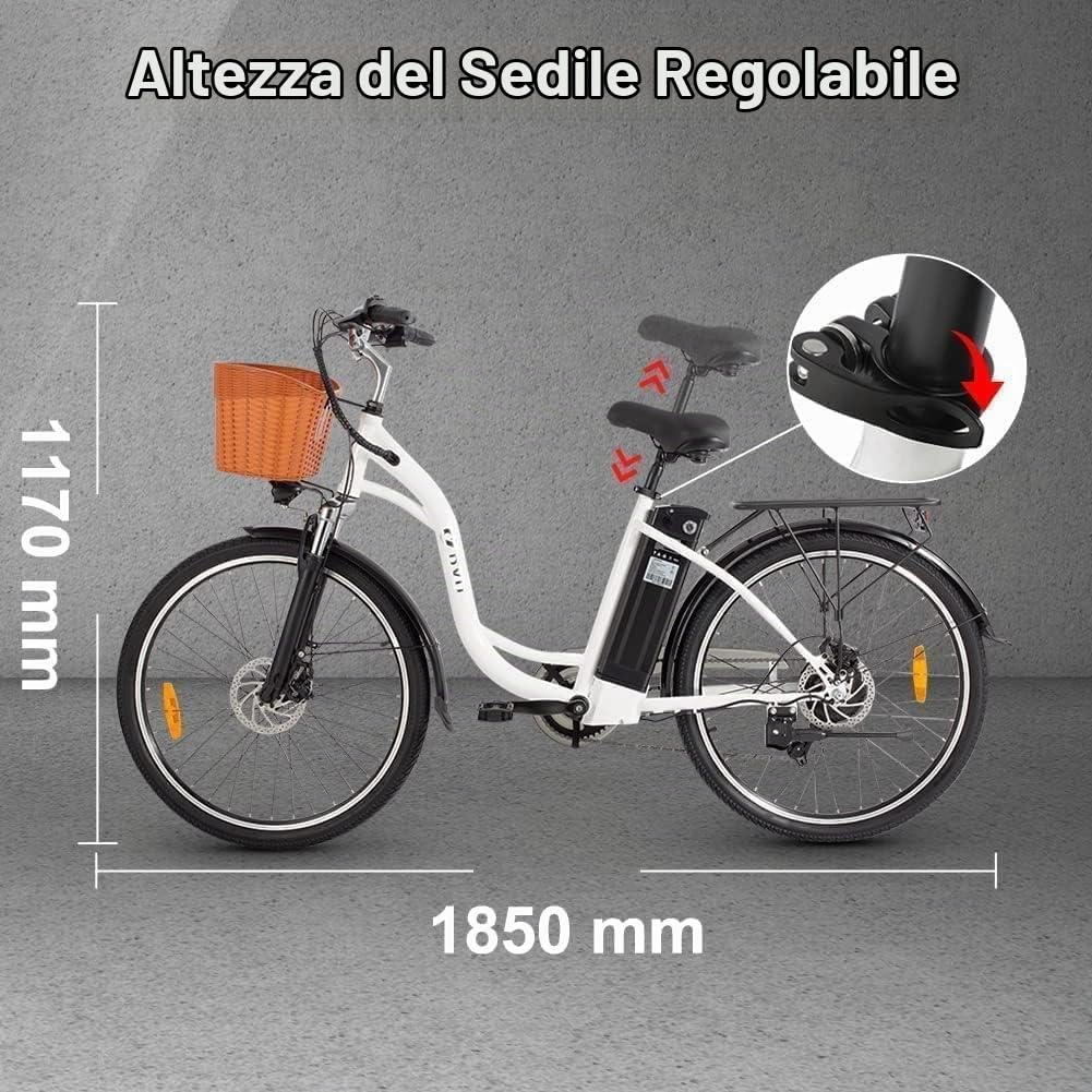DYU Bicicletta Elettrica,26 pollici Bici Elettrica con Cambio a 6 velocità,12,5 Ah 36 V Batteria Rimovibile,City E-Bike con Cestino,Altezza del Sedile Regolabile,Adulti Unisex