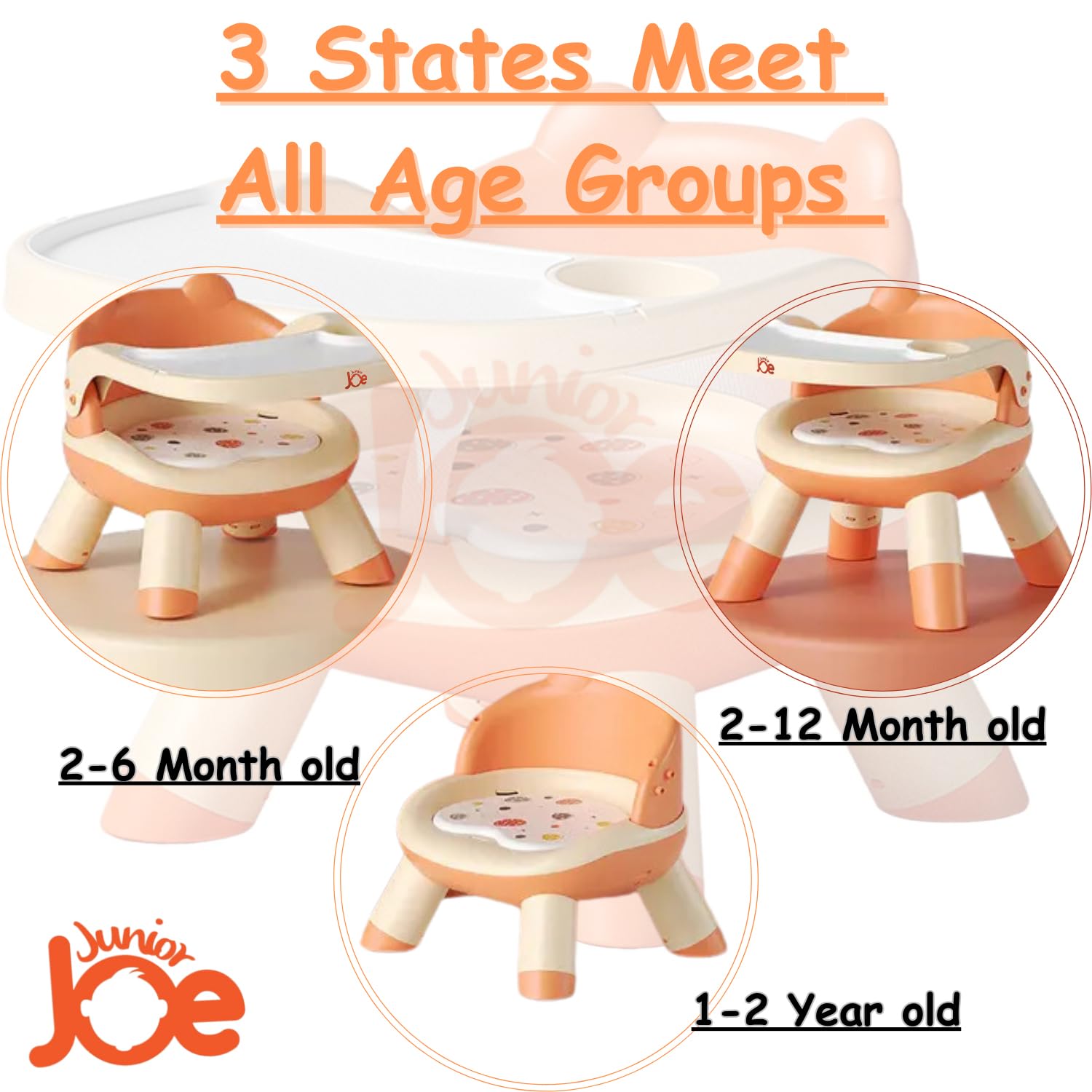 JUNIOR JOE 2 in 1 Feeding Chair & Booster Seat with Detachable Dining Food Tray and PU Cushion pad 4 Leg Dining Chair for Kids and Toddler (Orange-1-2 Year Old) 3