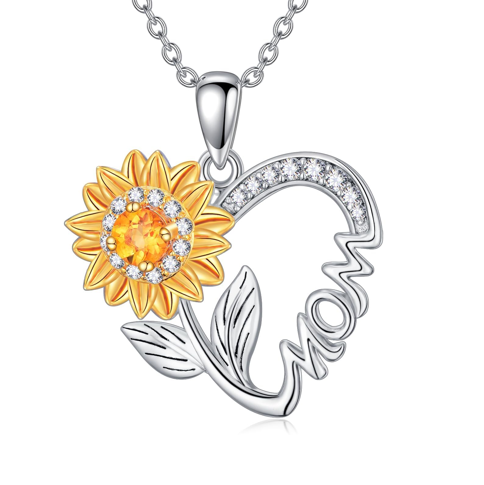 Reaii Sunflower Mom Necklace for Women Natural Citrine 925 Sterling Silver Sunflower Heart Pendant Necklace Mothers Day Gifts for Mother Wife