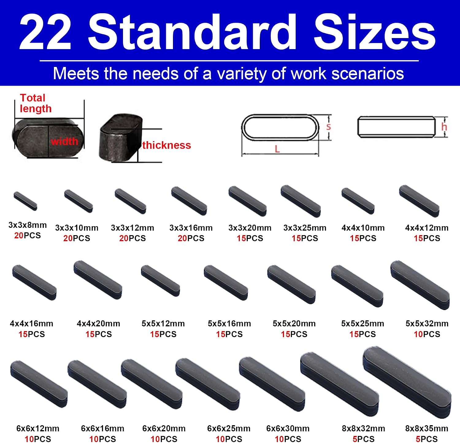 557PCS Metric Woodruff Key Assortment Kit in 40 Most Popular Sizes, Include 257PCS Woodruff Half Moon Key, 300PCS Round Ended Feather Key for Fasteners Mechanical Industry Crankshaft
