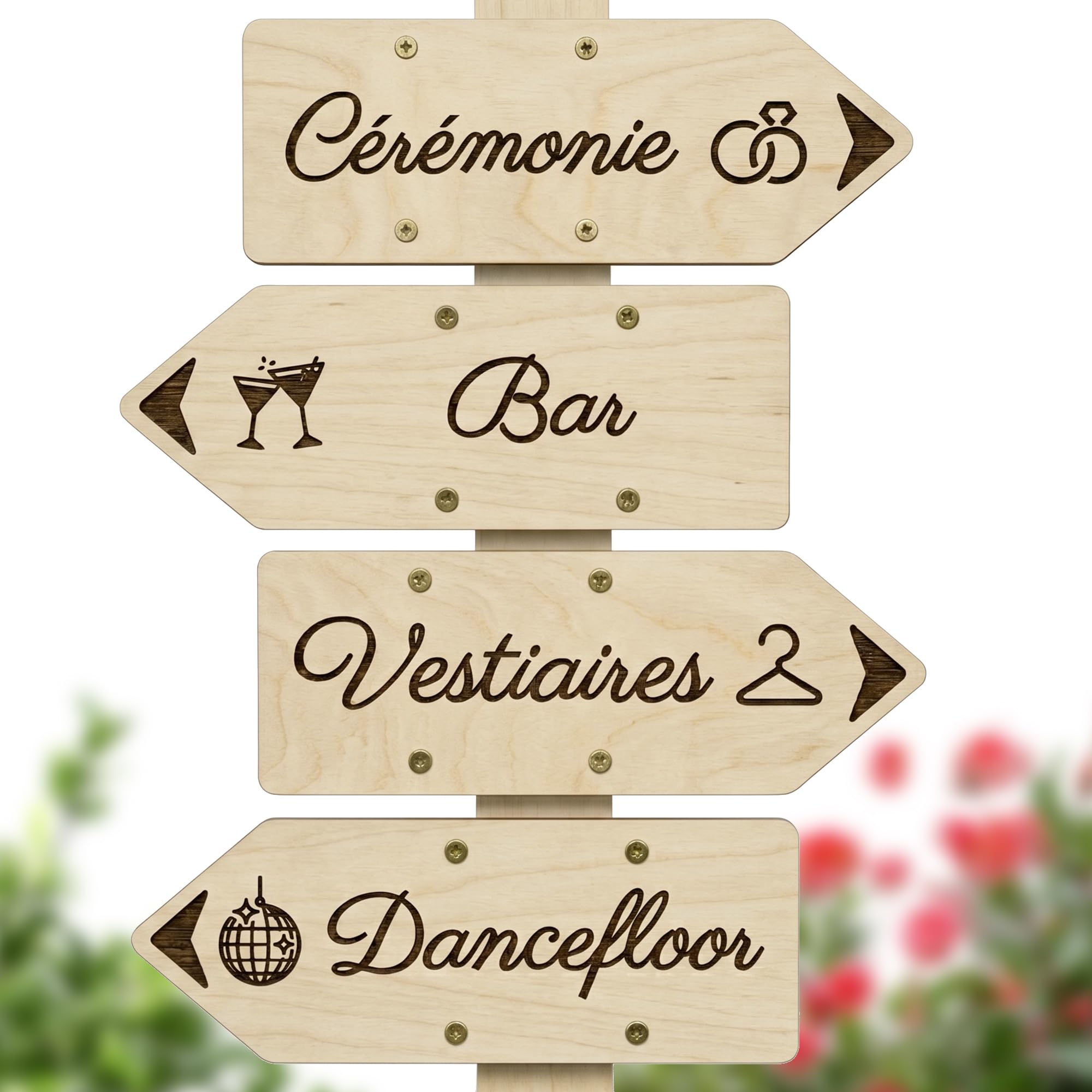 Pancarte direction bois personnalisé, signalétique mariage, événement, cérémonie, baptême, panneau parking, toilettes, bar, vestiaires, 30x11cm