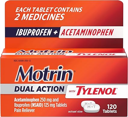 Motrin Dual Action with Tylenol, Ibuprofen & Acetaminophen Fast-Acting Dual Action Pain Reliever for Minor Aches & Pains, Ibuprofen (NSAID) 125 mg & Acetaminophen 250 mg, 120 ct