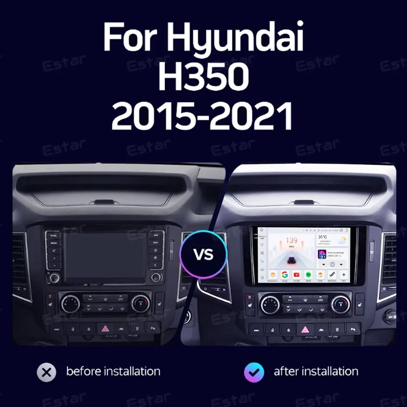 9-calowy podwójny Din samochodowy system stereo z systemem Android 15 do Hyundaia H350 2015-2021 z kamerą tylną Car Play, sterowaniem z kierownicy, Bluetooth, GPS, radiem FM i Wi-Fi (C1 2+32