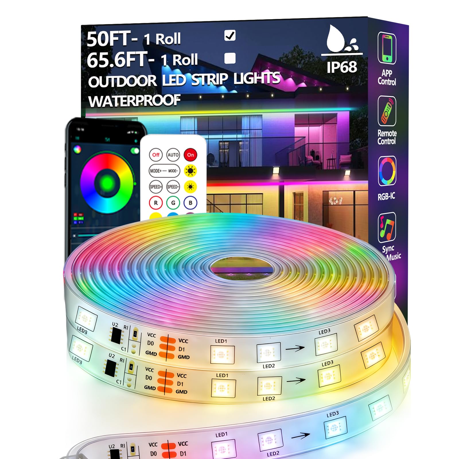 15m RGB+IC LED Streifen,Außenbereich IP68 Wasserdicht,Steuerung mit App/Fernbedienung,Bluetooth Musik Sync Seillicht für Balkone,errassen,Dächer,Gärten,Schwimmbäder