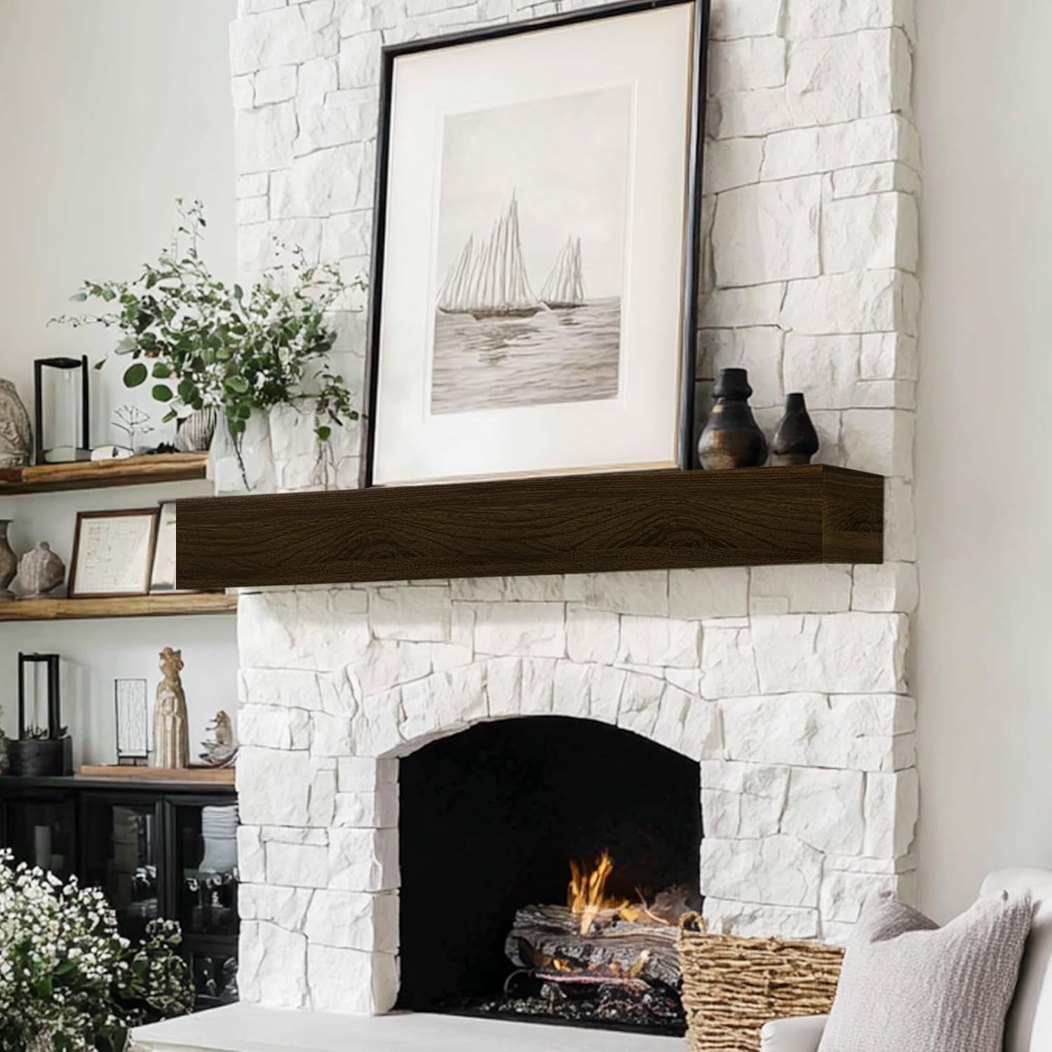 Fireplace Mantel Handcrafted Wall-Mounted Floating Mantel Shelf Decoration Wood Fireplace Mantels Suitable for Living Rooms,Bedrooms, Tvs, Bookshelves.(Retro Walnut,60" L x 8" D x 6" H)